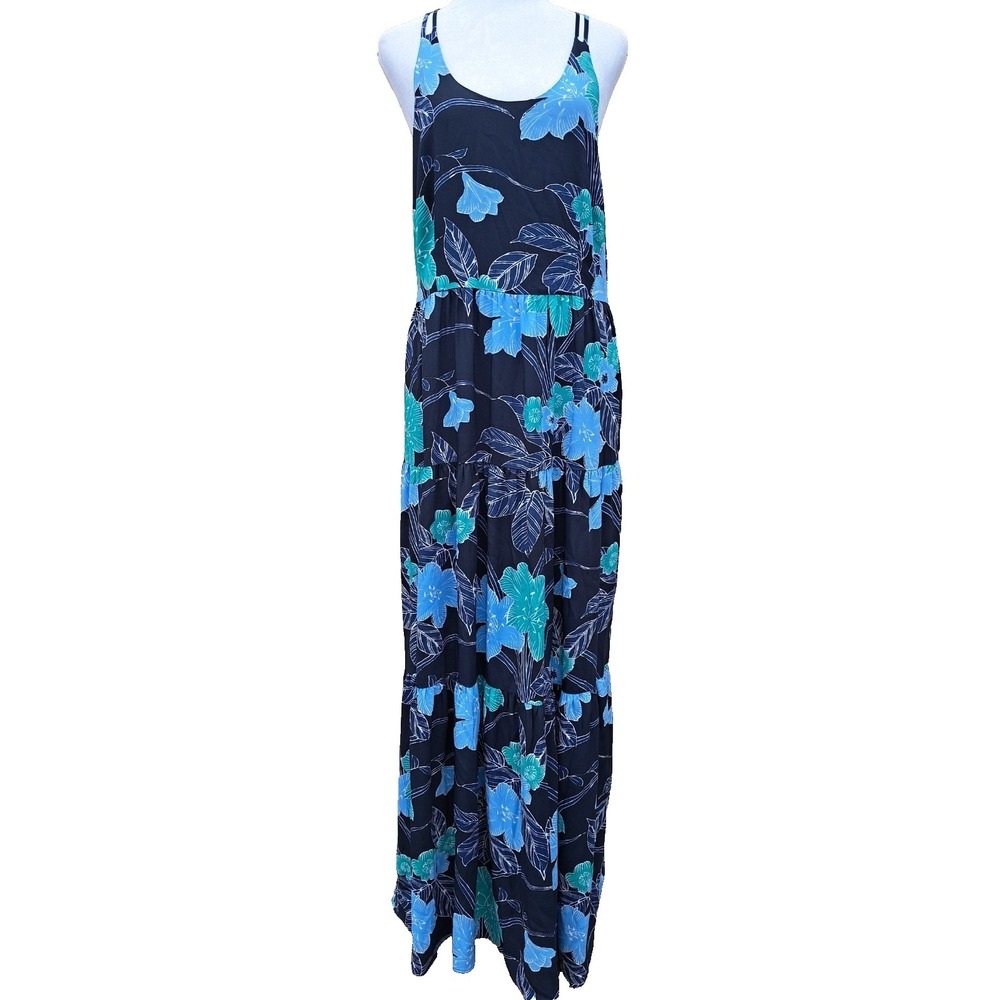 Ann Taylor Loft Women's Blue Floral Maxi Dress 10 Tiered Criss-cross Back Zipper